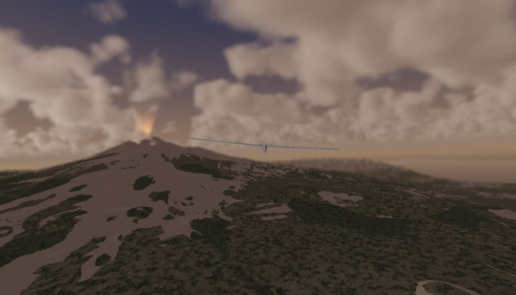 A glider level with Etna's summit at dusk, the vent glowing through the ash