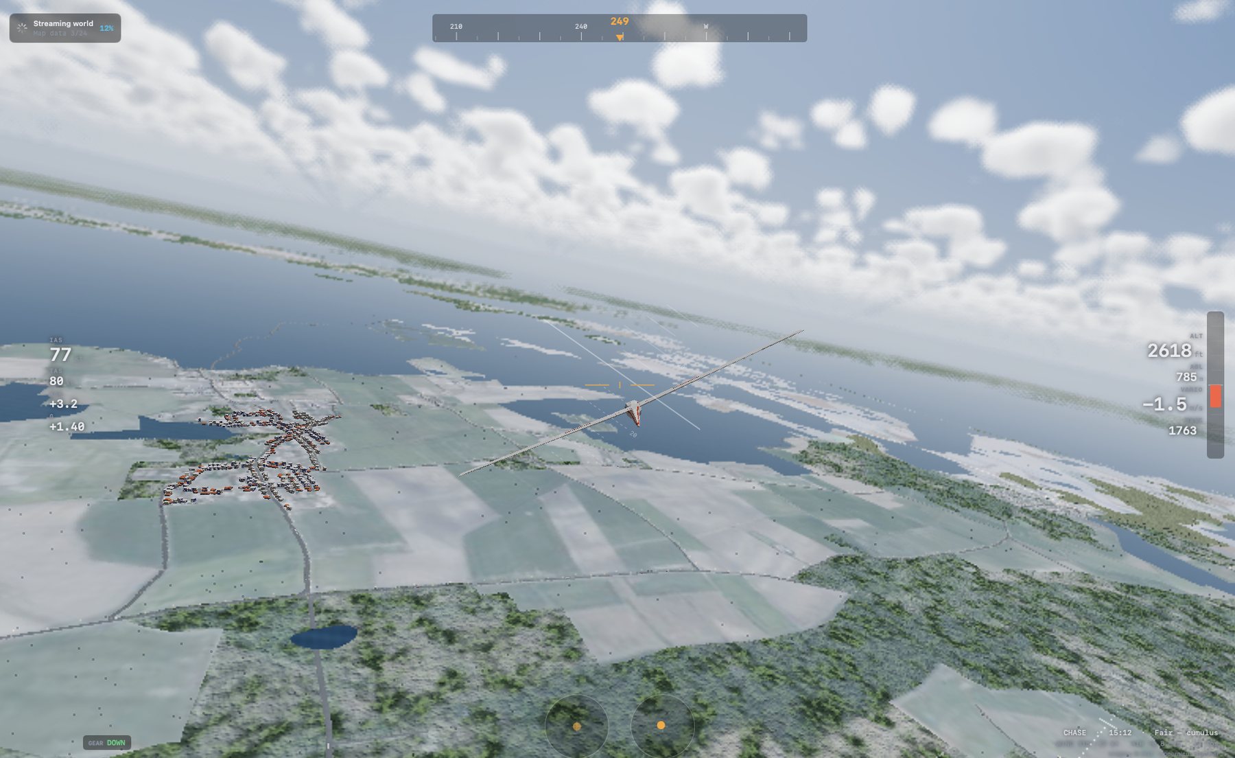 Chase view with the full instrument overlay: airspeed, altitude, vario and compass