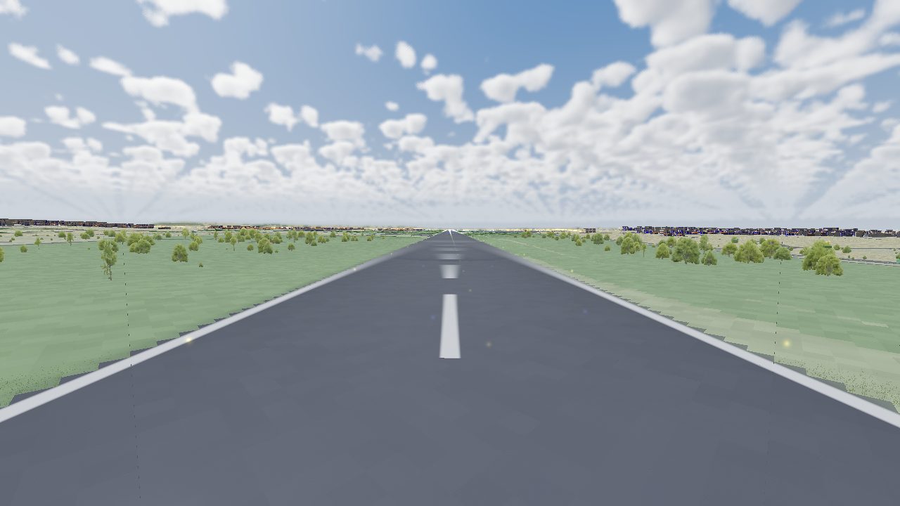 On the runway centreline, markings sharp in the foreground